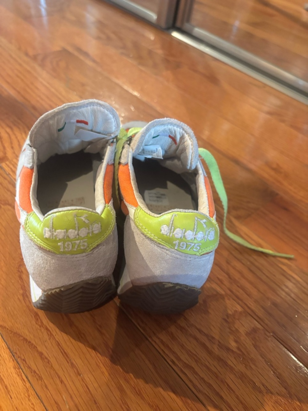 Diadora Gray Suede Sneakers with Orange Panels and Lime Laces - Picture 6 of 10